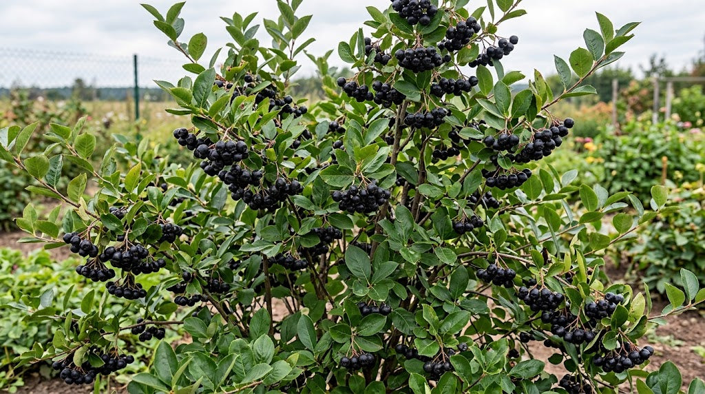 A leafy green Aronia bush covered with clusters of dark purple-black berries growing outdoors in a garden or field under an ovecast sky.