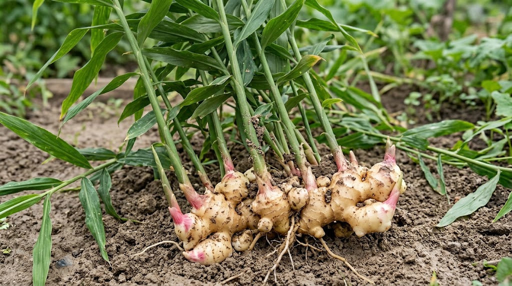 A cluster of freshly harvested ginger roots with green stems and leaves, still covered in soil, growing in a garden bed.