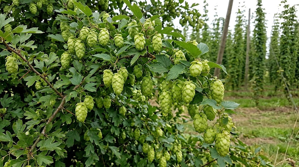 Green hops cones hanging from leafy branches in a hop garden or field, with rows of hop trees visible in the background.