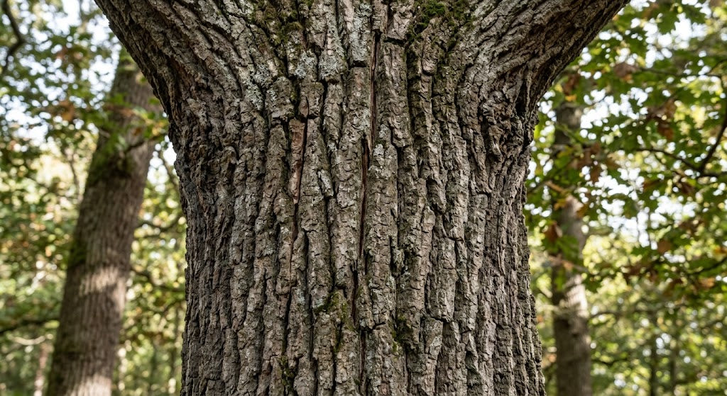 Close-up of a tree trunk with rough, deeply textured bark in a forest setting, with other blurred trees and green foliage in the background.