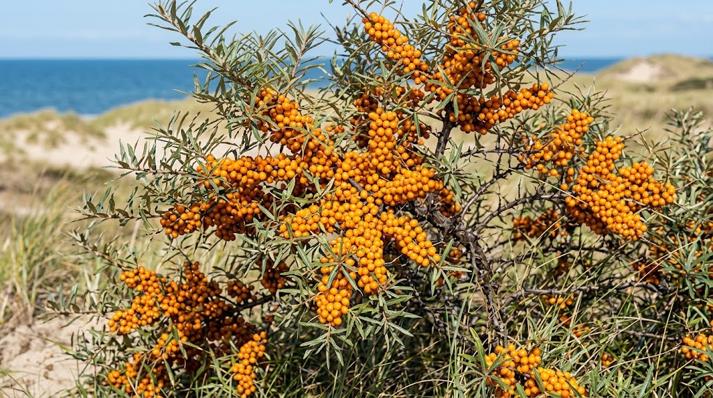 A close-up of a sea buckthorn bush covered in clusters of bright orange berries, set against a natural coastal background with sand dunes and the blue ocean.